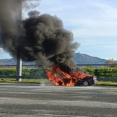 Auto che brucia a bordo strada