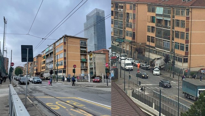 Camion dell'Amiat finisce contro un cancello e distrugge una vettura parcheggiata