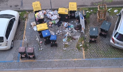 Cassonetti strapieni e rifiuti lungo la strada: immondizia ovunque in corso Francia