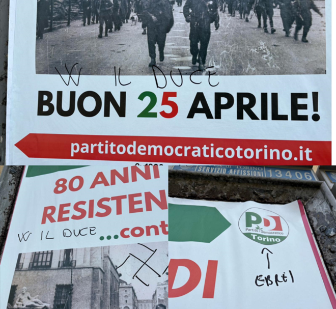 Manifesti imbrattati con scritte e svastiche nazi-fasciste