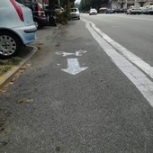 Finta pista ciclabile disegnata per terra