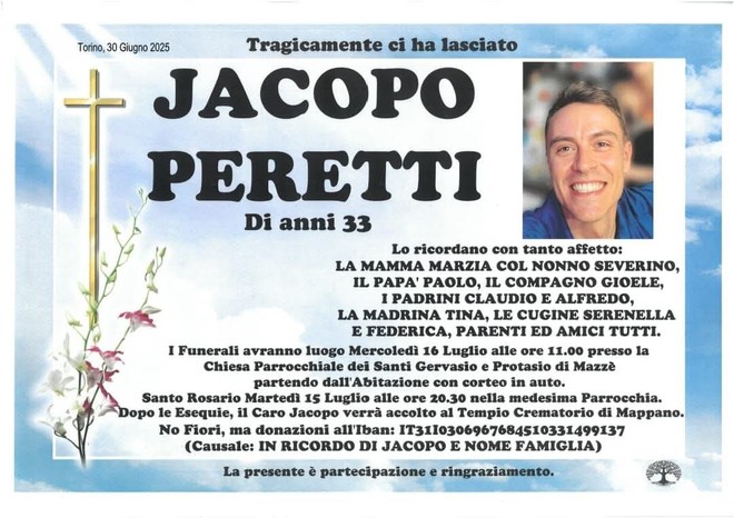 Il necrologio che annuncia i funerali di Jacopo Peretti
