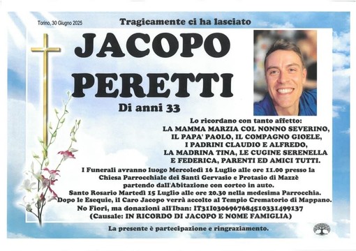 Il necrologio che annuncia i funerali di Jacopo Peretti