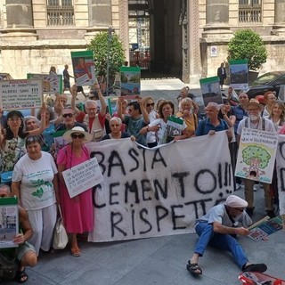 Manifestanti a favore degli alberi con striscioni