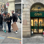 Un momento del sit-in davanti alla Crai di via San Quintino