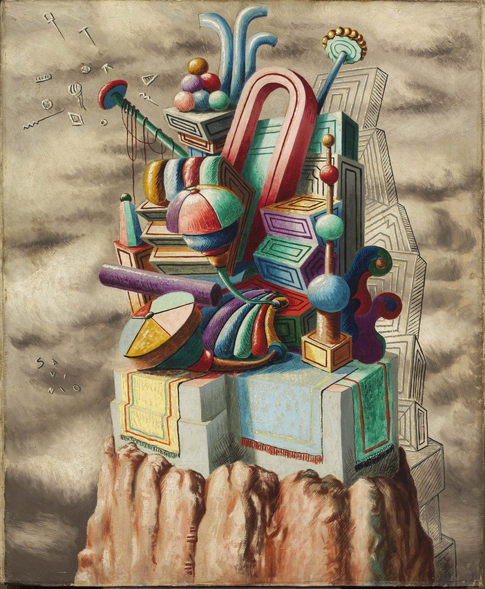 Alberto Savinio, Monumento ai giocattoli, 1930, Olio su tela, 80 x 65 cm, Collezione privata, Photo: Bruno Bani Alberto Savinio, Monumento ai giocattoli, 1930, Olio su tela, 80 x 65 cm, Collezione privata, Photo: Bruno Bani