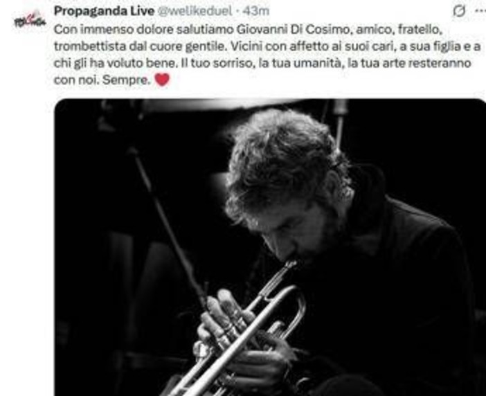 'Propaganda Live', è morto il trombettista Giovanni Di Cosimo: aveva 61 anni
