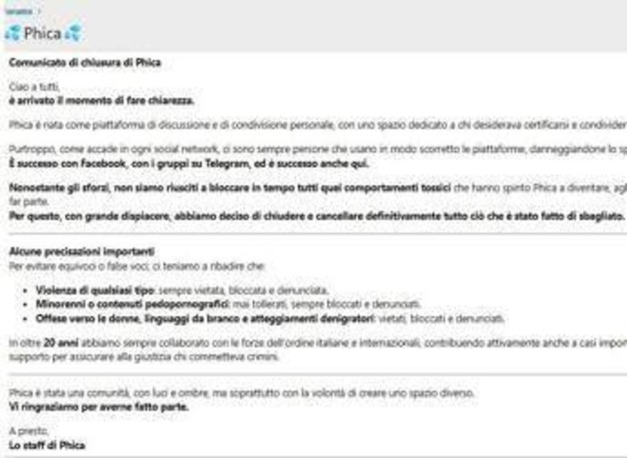 Chiude forum sessista 'Phica': &quot;Non siamo riusciti a bloccare comportamenti tossici&quot;