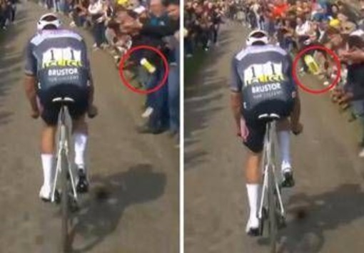 Scandalo Parigi-Roubaix, tifoso lancia borraccia in faccia a Van der Poel - Video