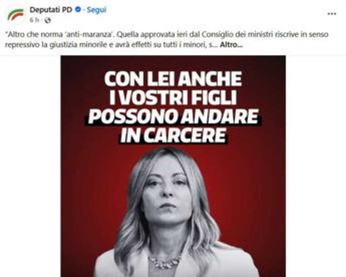 'Con Meloni i vostri figli possono andare in carcere': lo slogan choc del Pd sulla giustizia 'Con Meloni i vostri figli possono andare in carcere': lo slogan choc del Pd sulla giustizia